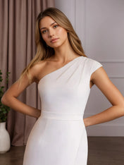 White Sheath One Shoulder Stretch Satin Wedding Dress