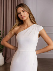 White Sheath One Shoulder Stretch Satin Wedding Dress