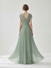 Pleated Chiffon A-Line V-Neck Floor-Length Evening Dresses with Ruffles