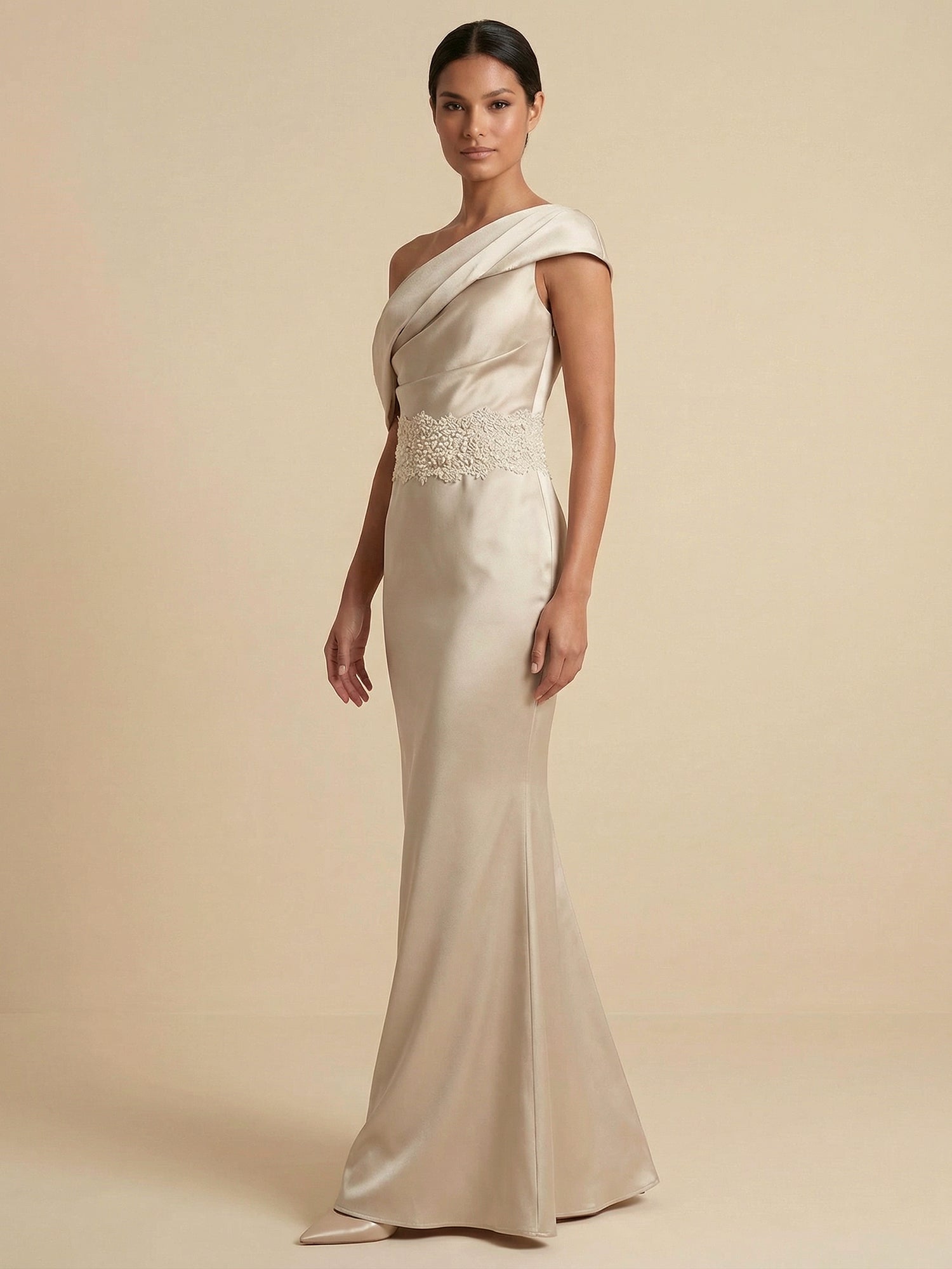 Elegant One-Shoulder Satin Mermaid Maxi Dress with Lace Waist