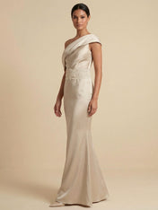 Elegant One-Shoulder Satin Mermaid Maxi Dress with Lace Waist