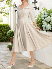 Off White Pleated Ruched Three Quarter Sleeve A-Line Maxi Dress