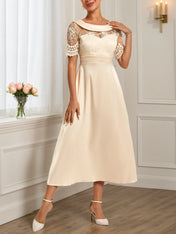 Beige Lace Satin Crew Neck Short Sleeve A-Line Midi Dress