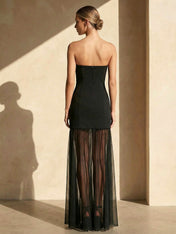 Strapless Maxi Dresses with Tulle Mermaid Black Formal Dress