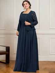 Robe de mère de la mariée trapèze carrée, longueur au sol, en mousseline de soie et dentelle, avec paillettes 