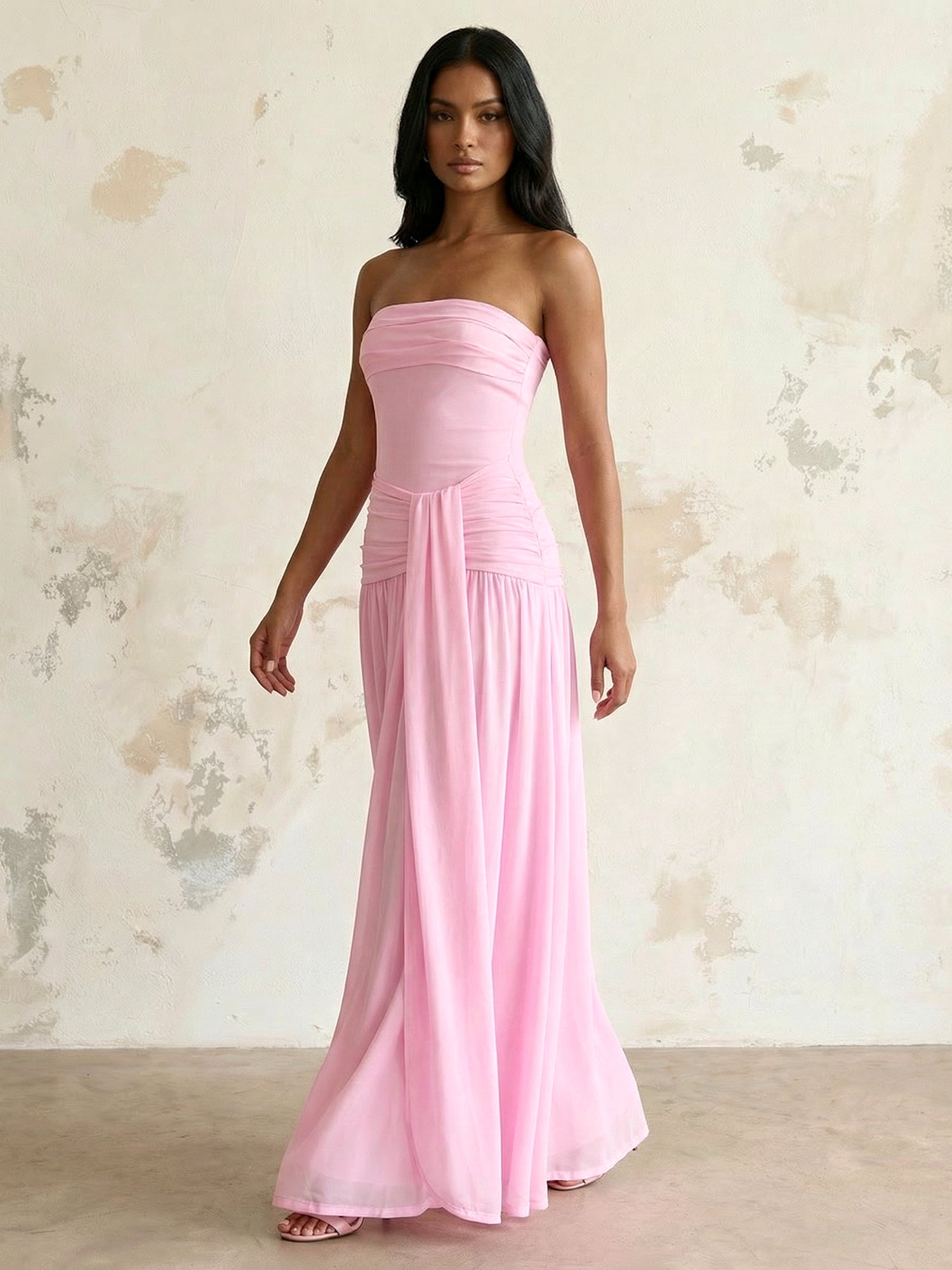 Pink Strapless Maxi Dresses with Pleat A Line Evening Dress