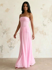 Pink Strapless Maxi Dresses with Pleat A Line Evening Dress