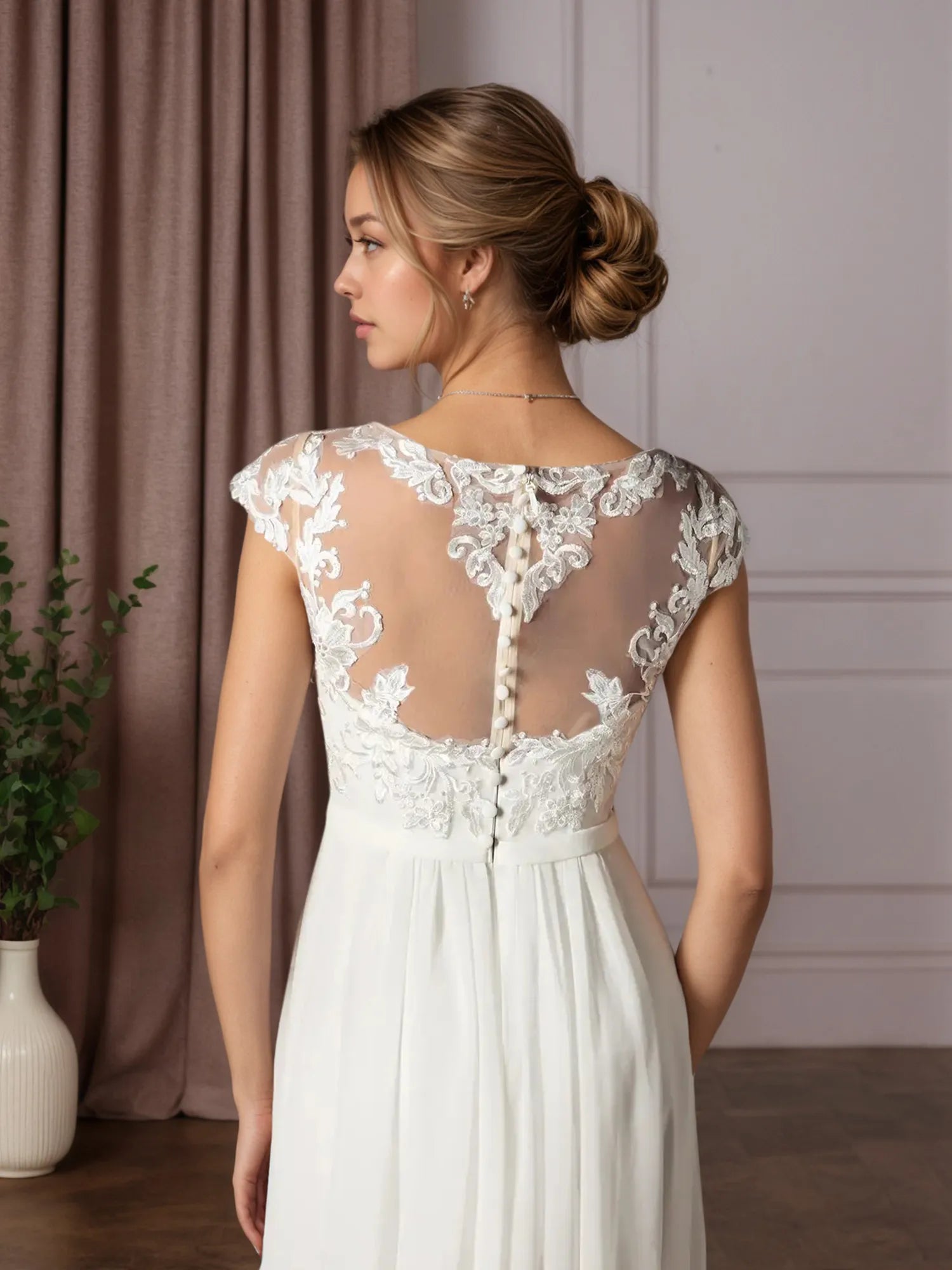 White A-Line Scoop Sequins Chiffon Wedding Dress