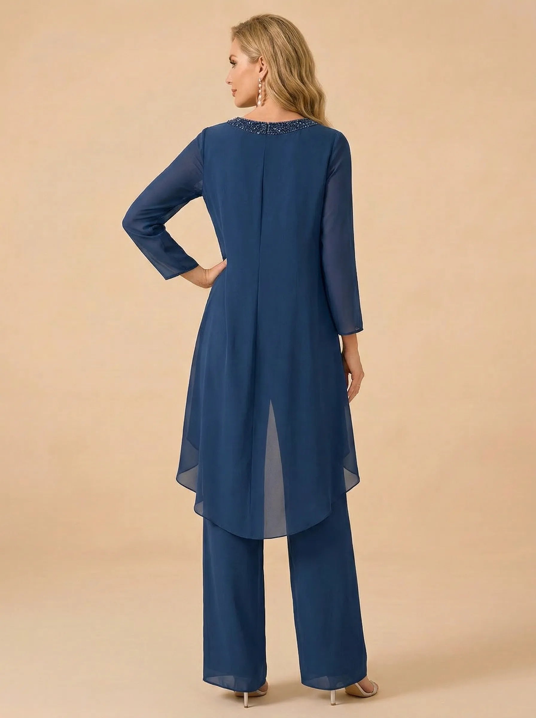 Beaded Neckline Asymmetric Chiffon Wide-Leg Mother of the Bride Pant Set