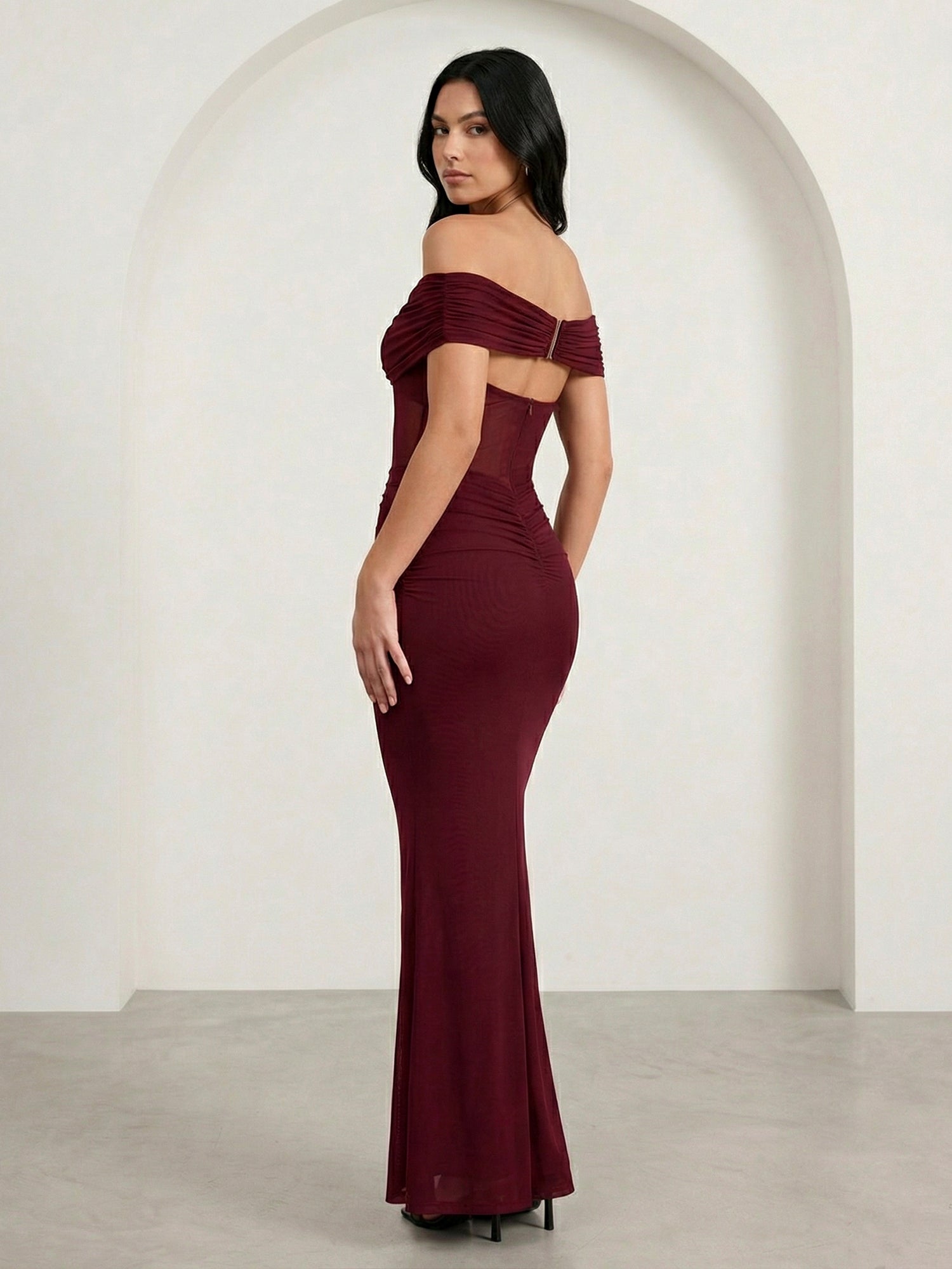 Burgundy Off the Shoulder Mermaid Maxi Dress with Hollowed