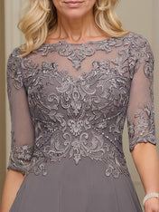 A-line Boat Neck Illusion Asymmetrical Chiffon Lace Mother of the Bride Dress With Sequins Beading