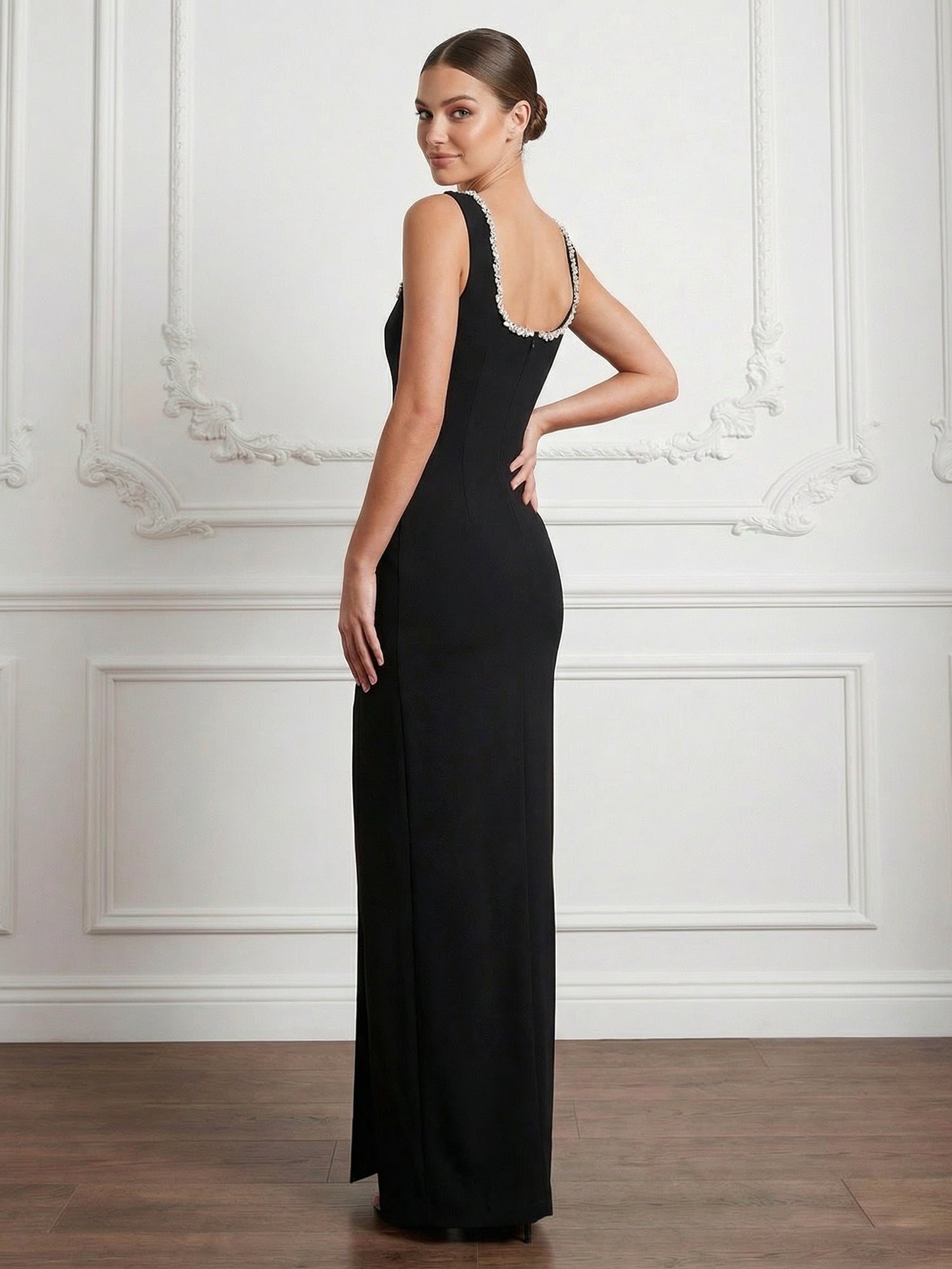 Black Regular Straps Satin Mermaid Maxi Dress with Slit