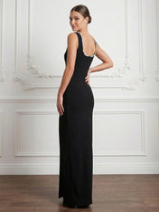 Black Regular Straps Satin Mermaid Maxi Dress with Slit