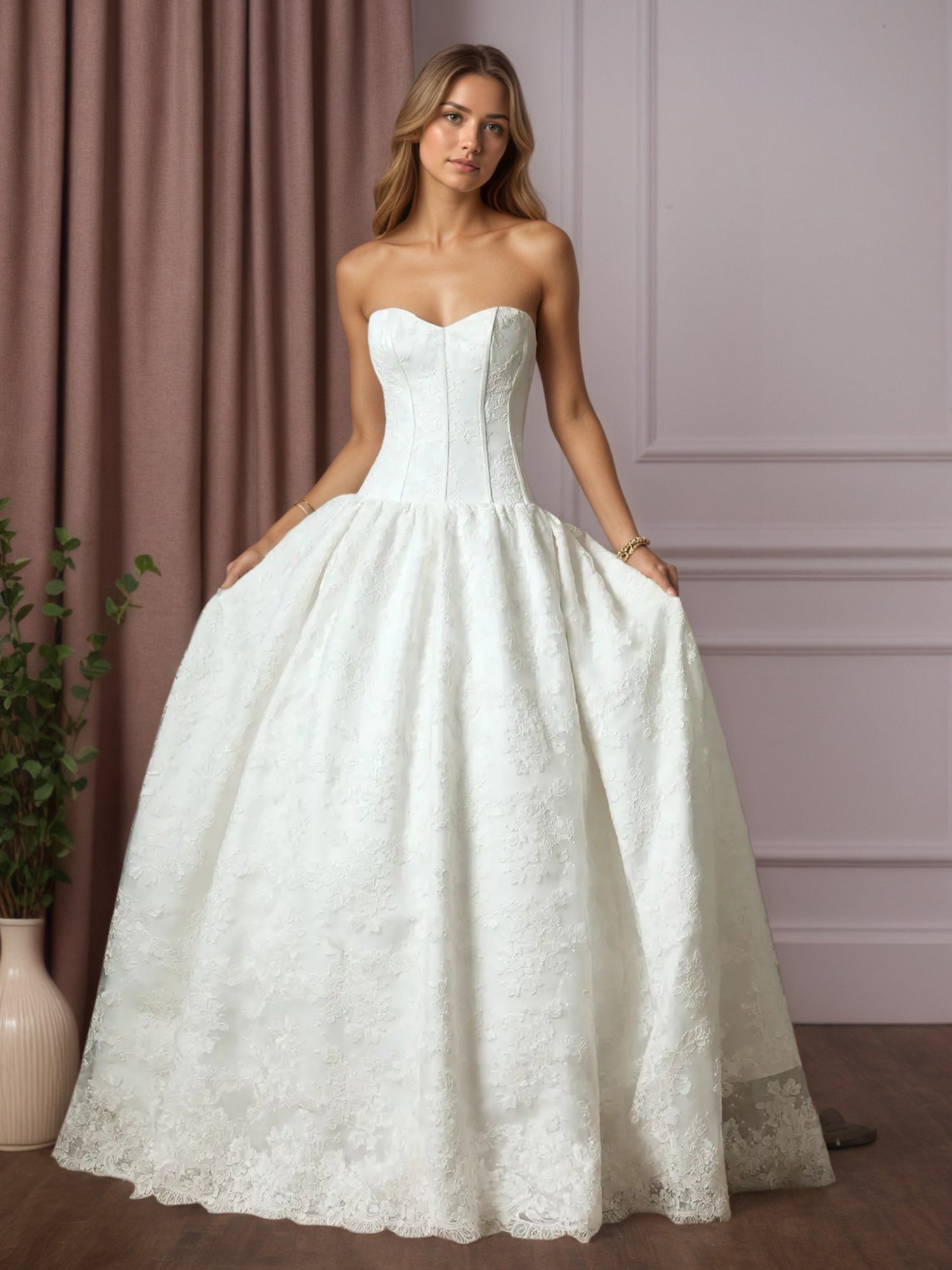 White Ball-Gown Strapless Lace Satin Wedding Dress