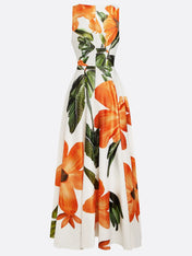 Orange Floral Classic V Neck Sleeveless A-Line Maxi Dress