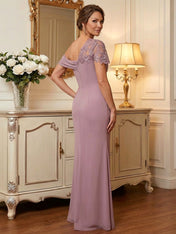 One-Shoulder Short Sleeve Floor-Length Chiffon Mother of the Bride Dress With Lace Appliqué
