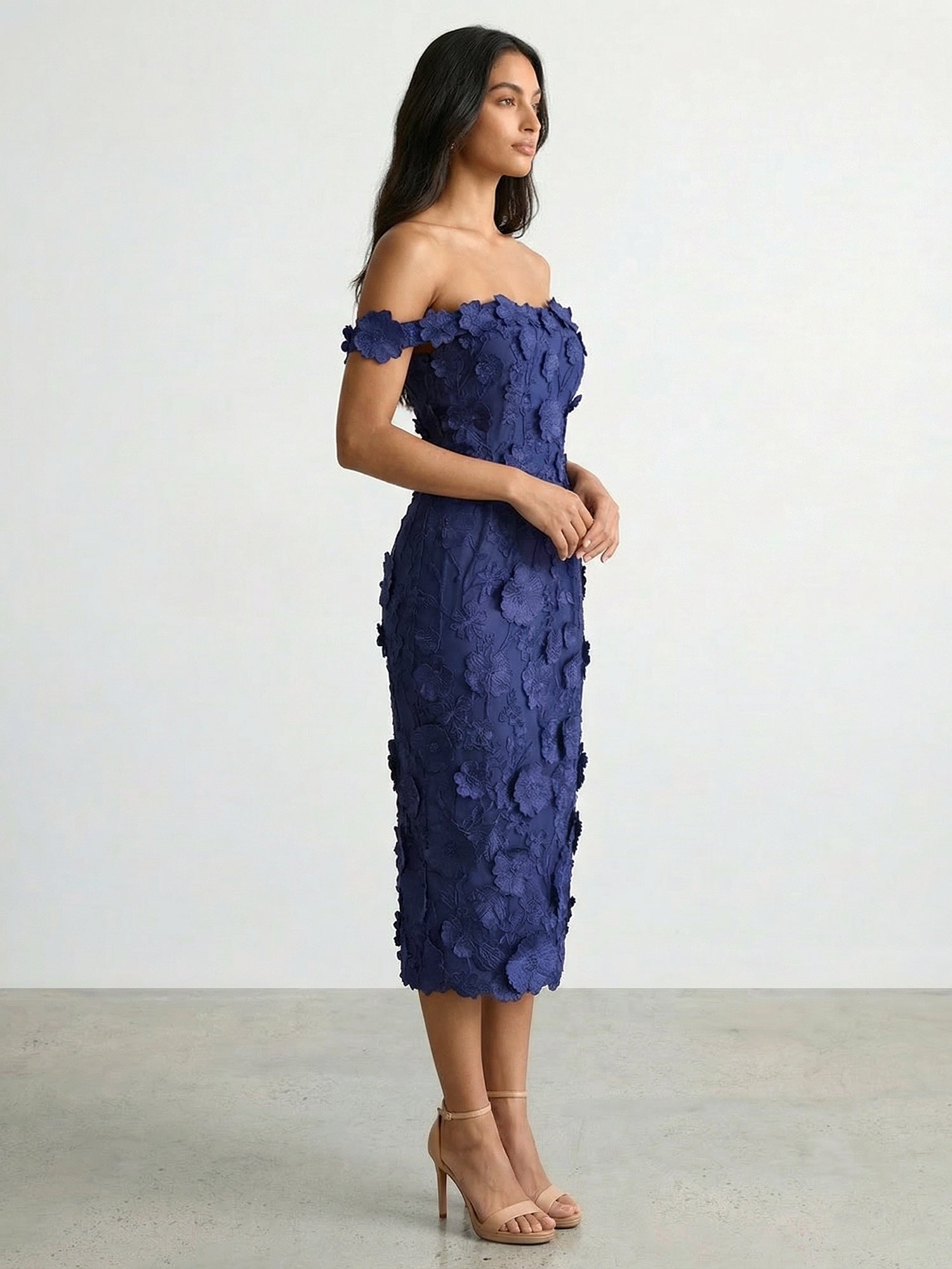3D Floral Appliqué Off-Shoulder Midi Dress