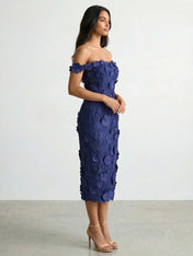3D Floral Appliqué Off-Shoulder Midi Dress