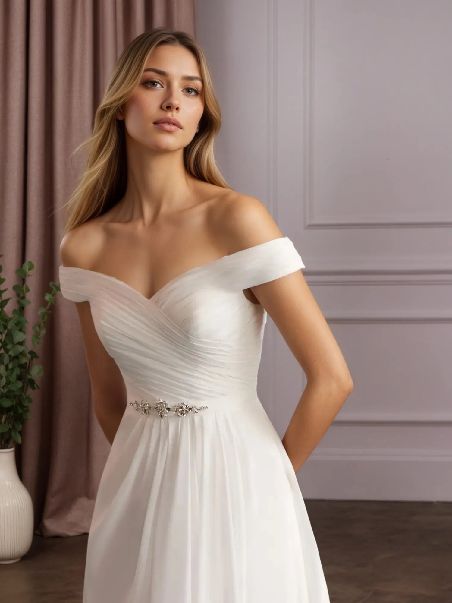 White A-Line Off The Shoulder Sequins Chiffon Wedding Dress