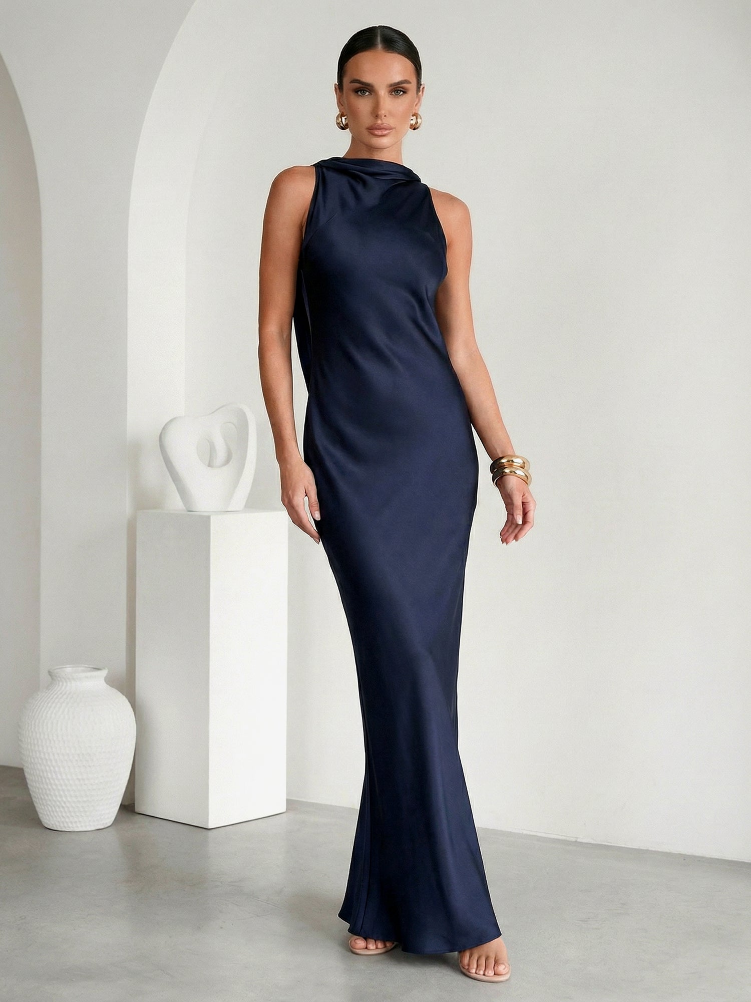Navy Blue Scoop Neck Mermaid Satin Maxi Dress with Cape