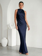 Navy Blue Scoop Neck Mermaid Satin Maxi Dress with Cape