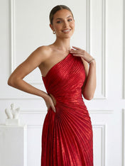 Burgundy One Shoulder Mermaid Maxi Dress Prom Dress with Pleat