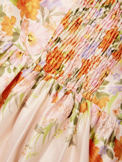 Beige Floral Satin Spaghetti Sleeveless A-Line Midi Dress