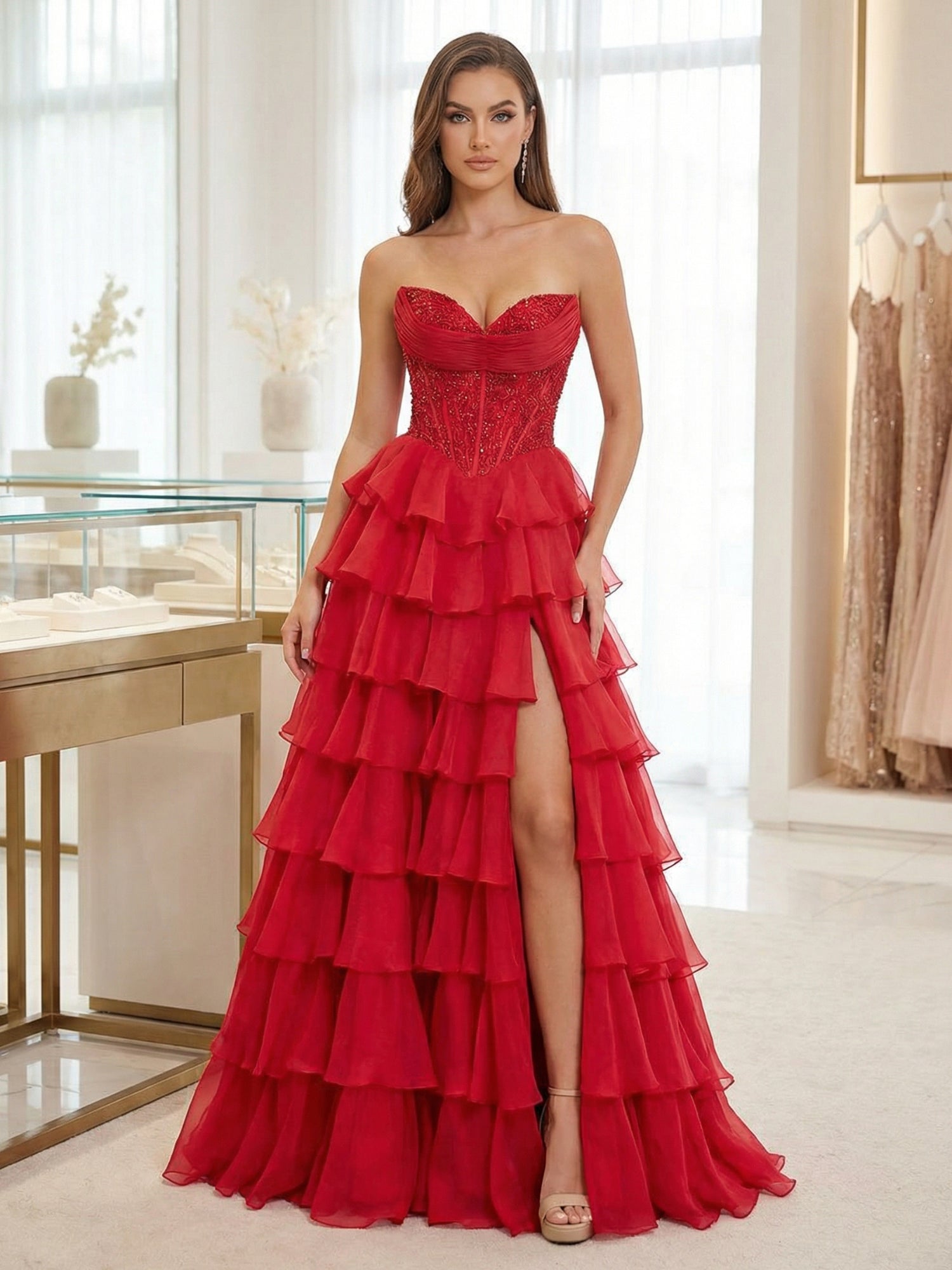 Red Chiffon A-Line Strapless Empire Tiered Long Prom Dress With Slit