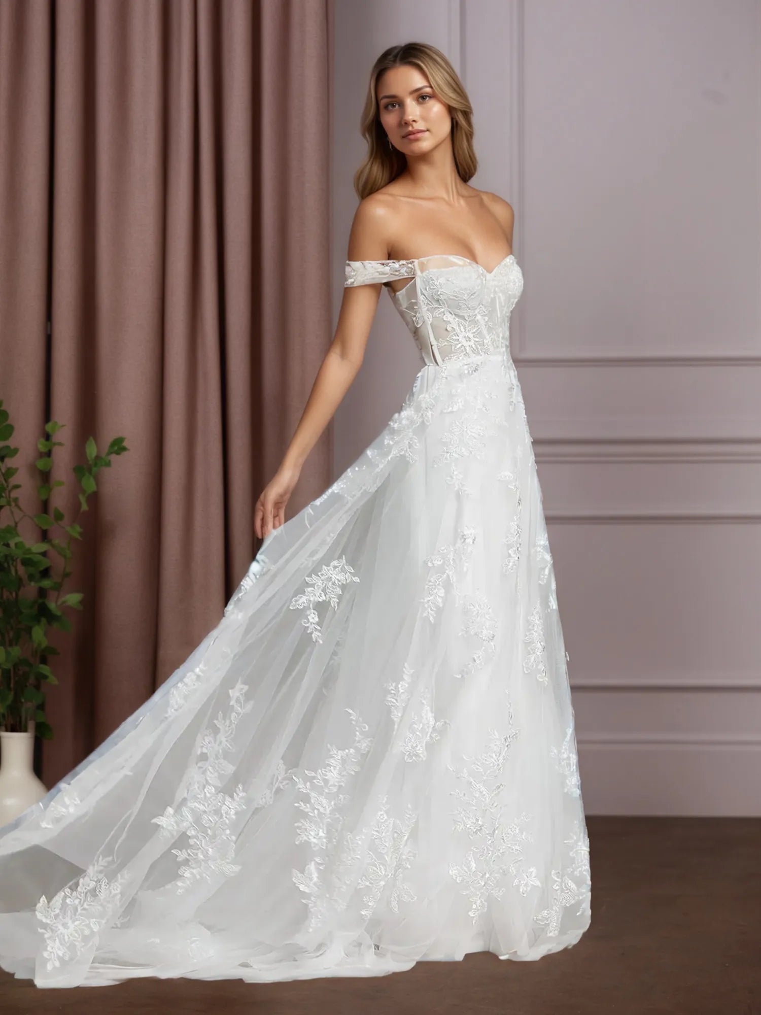 White A-Line Sequins Tulle Wedding Dress