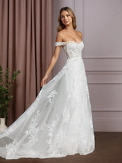 White A-Line Sequins Tulle Wedding Dress