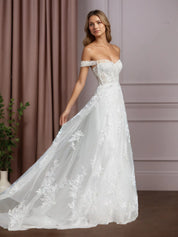 White A-Line Sequins Tulle Wedding Dress
