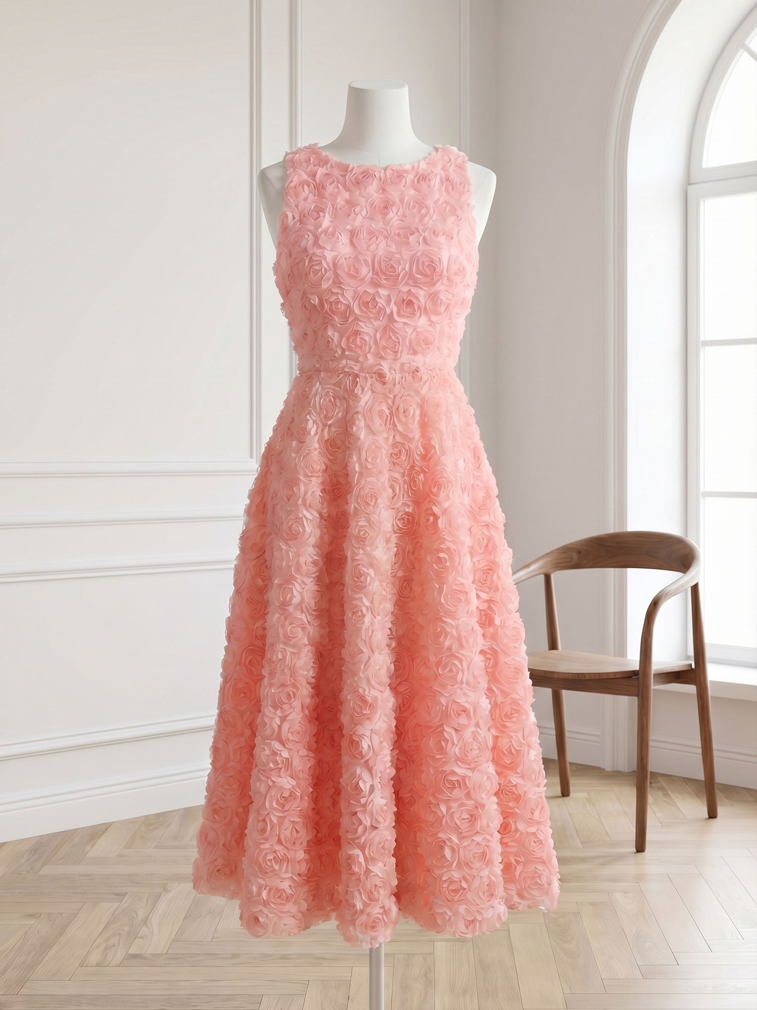 Pink 3D Floral Bow Crew Neck A-Line Midi Dress