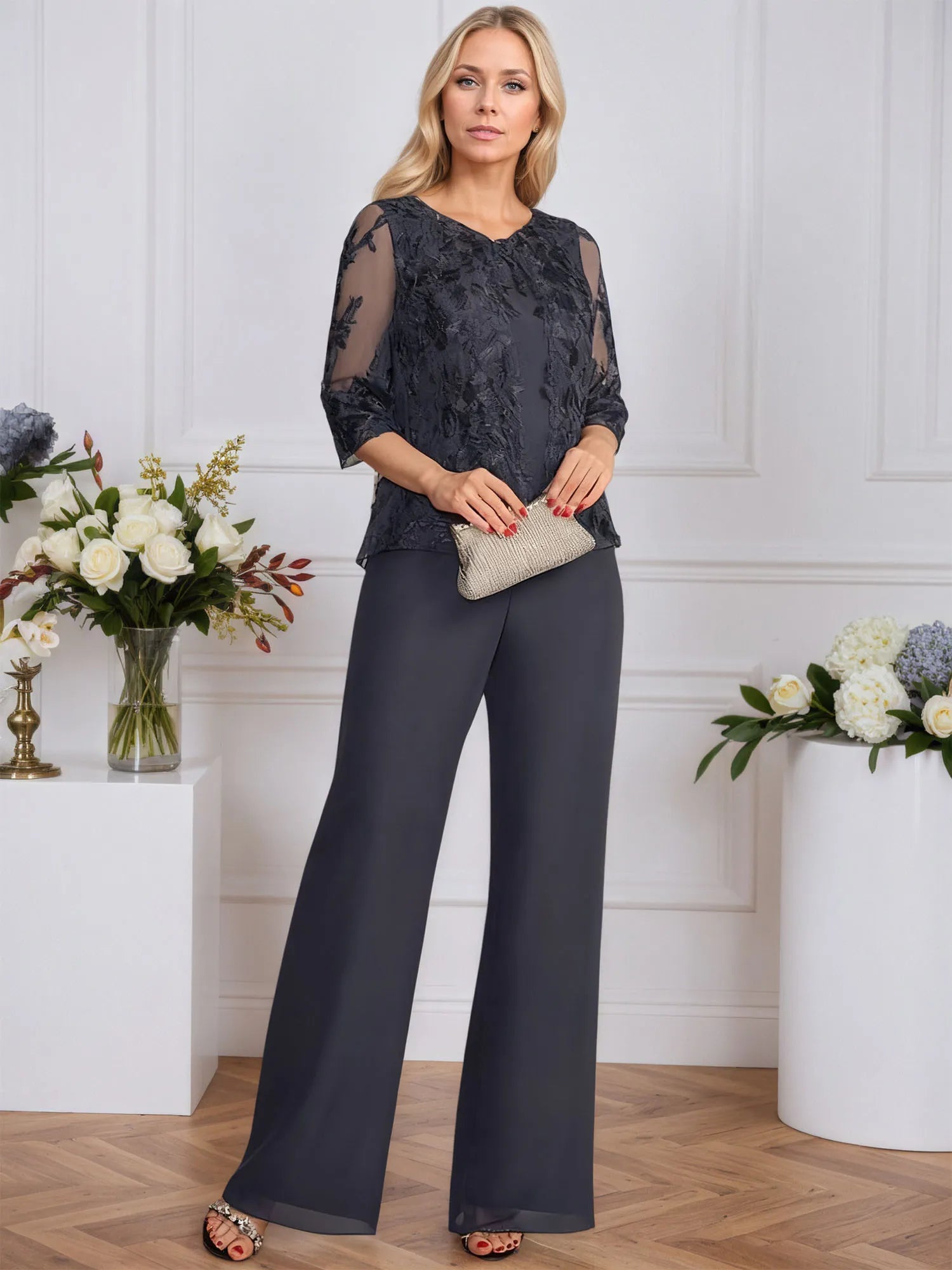 Pantsuits Separates V-Neck Floor-Length Lace Chiffon Mother of the Bride Dress