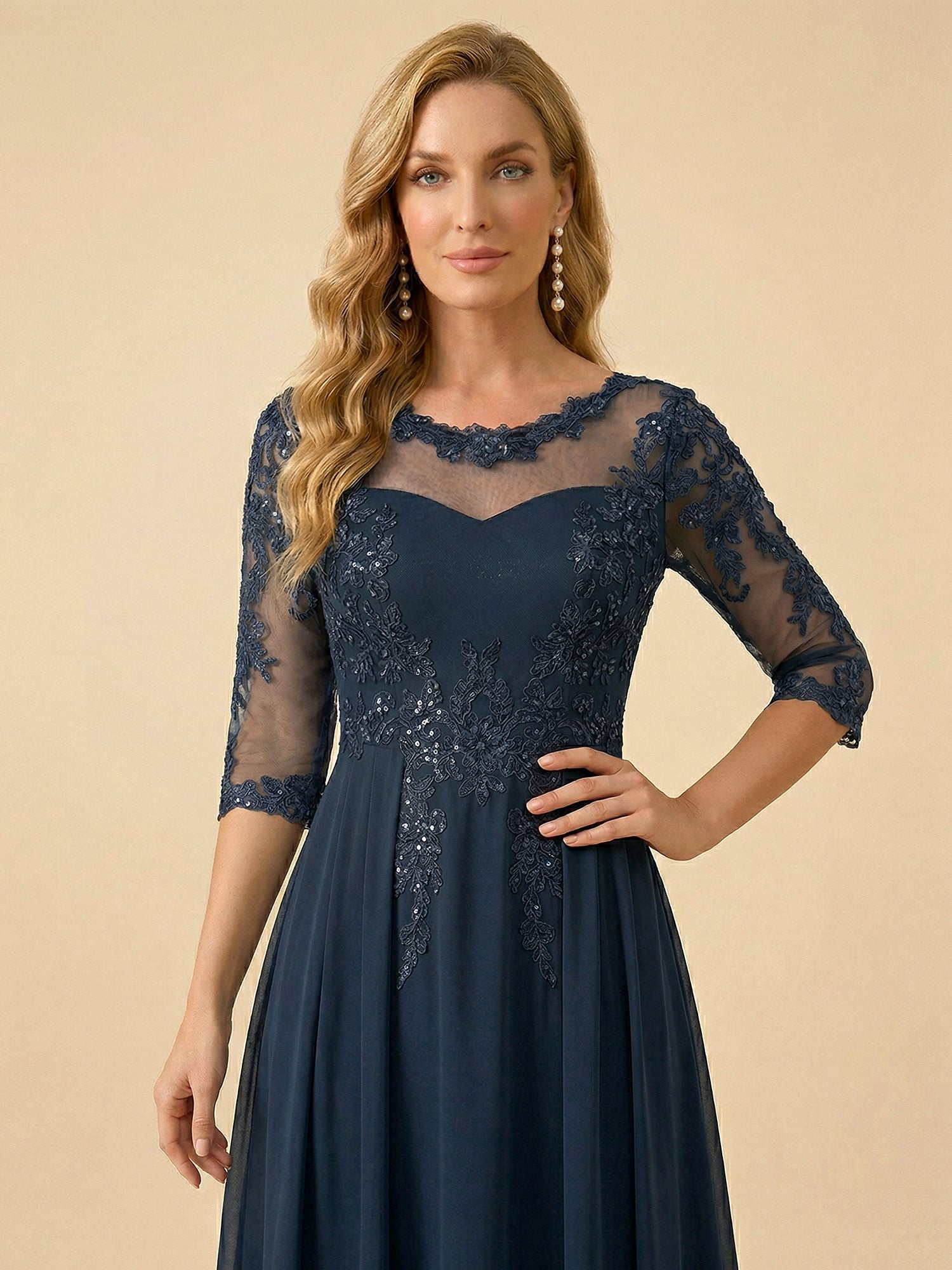 A-Line Scoop Neck 3/4 Sleeve Chiffon Mother of the Bride Gown