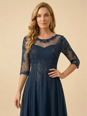 A-Line Scoop Neck 3/4 Sleeve Chiffon Mother of the Bride Gown