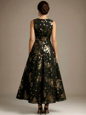 Black Stamped Bronzing Satin Crew Neck Sleeveless A-Line Maxi Dress