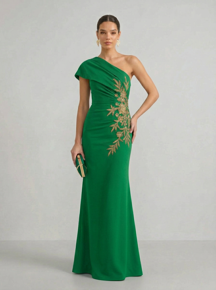 One-Shoulder Draped Crepe Floor-Length Evening Dresses with Gold Beaded Flowers and High Slit