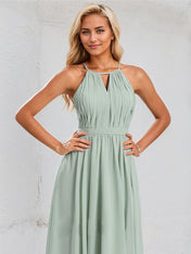 Agave Chiffon A Line Halter Neck Sleeveless Asymmetrical Bridesmaid Dress With Ruffle
