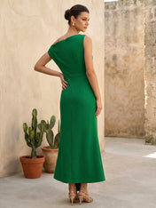 Green One Shoulder Tea Length Satin Evening Dress with Pleat