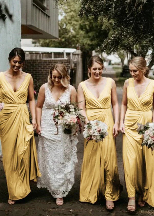 A Line Chiffon V Neck Sleeveless Floor Length Ruched Bridesmaid Dress