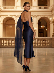 Navy Blue One Shoulder Chiffon Cape Midi Dress Satin Sheath Evening Gown