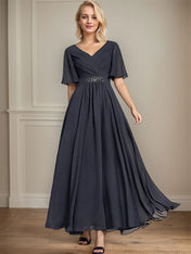 A-line V-Neck Ankle-Length Chiffon Mother of the Bride Dress With Pleated Beading Sequins