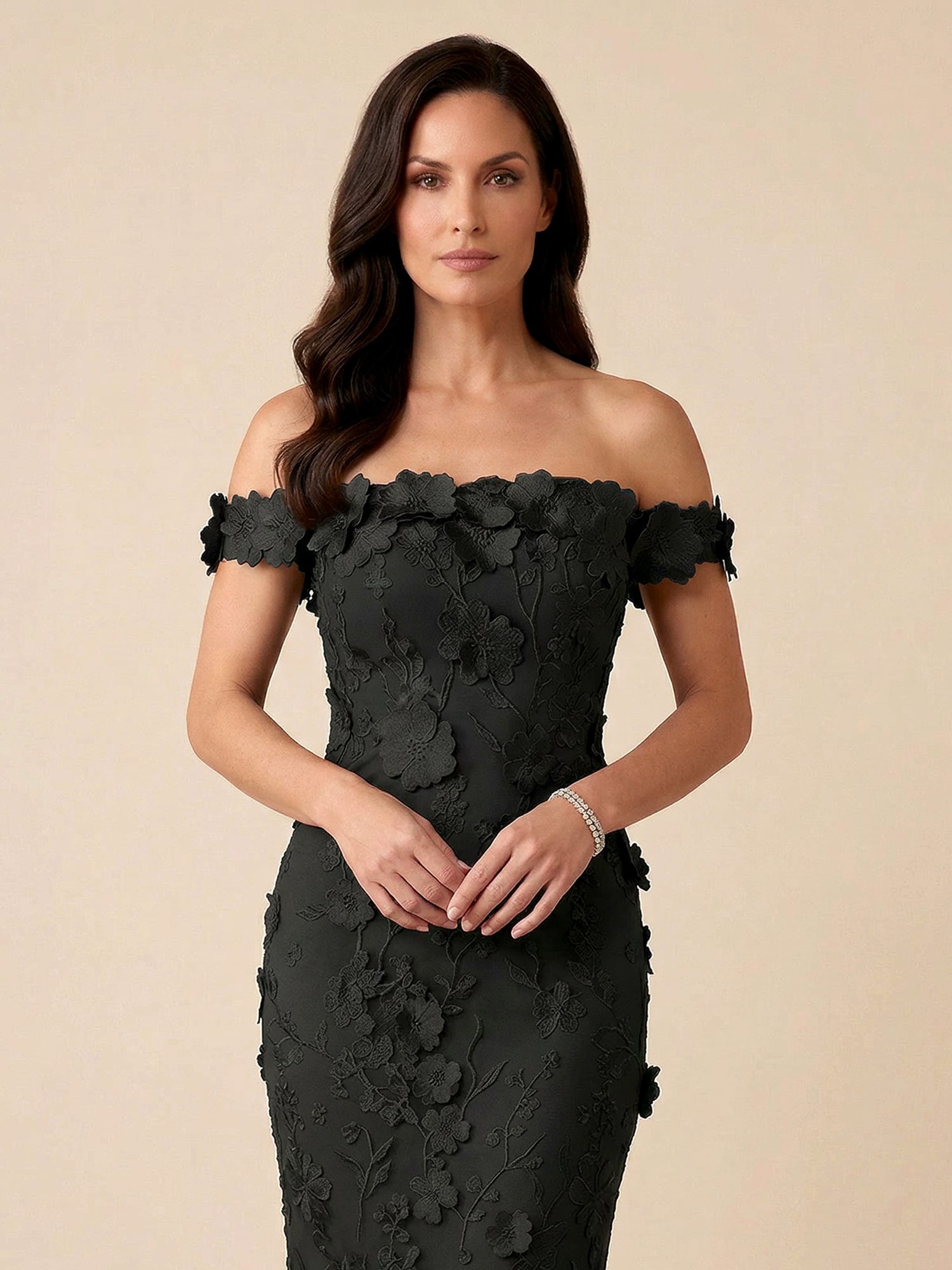 Black Off-the-Shoulder 3D Floral Mermaid Formal Gown Evening Dress