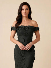 Black Off-the-Shoulder 3D Floral Mermaid Formal Gown Evening Dress