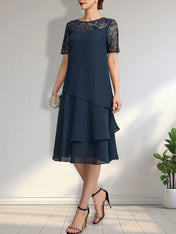 A-line Scoop Illusion Knee-Length Lace Chiffon Mother of the Bride Dress With Sequins