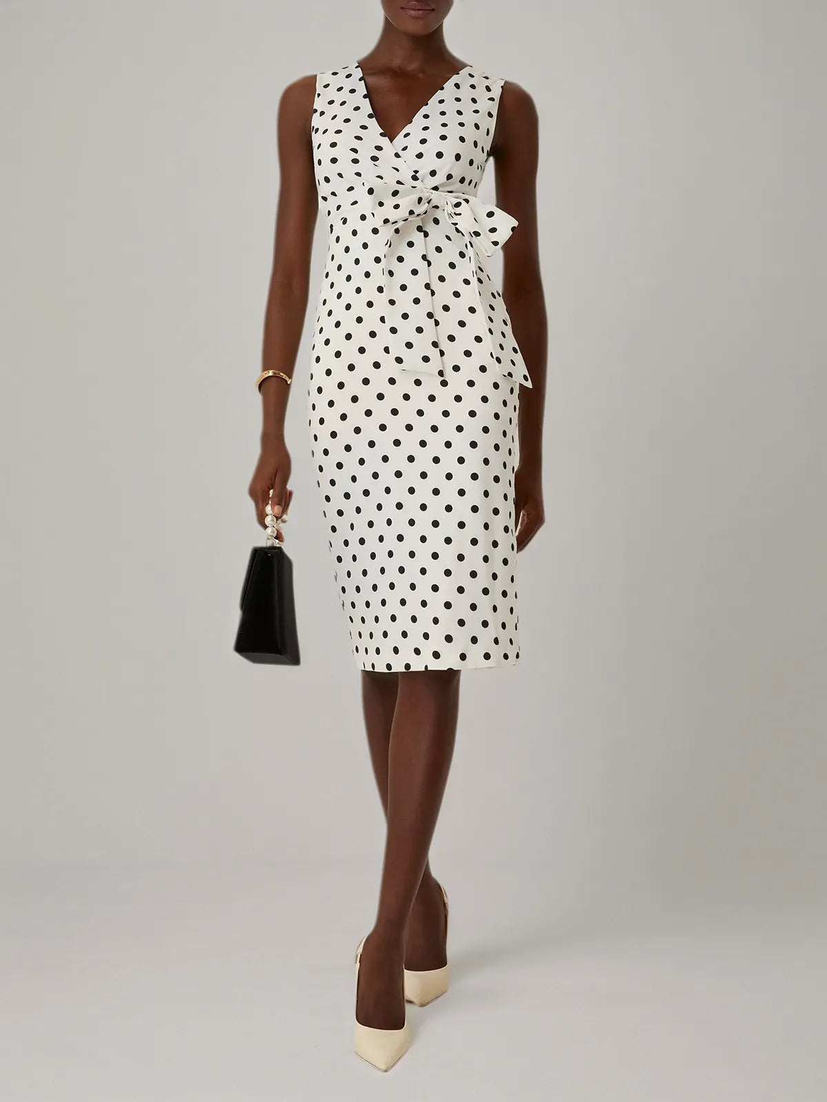 White Bow Printing Classic V Neck Sleeveless Sheath Midi Dress