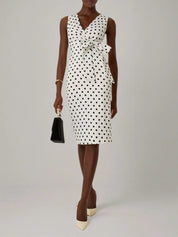 White Bow Printing Classic V Neck Sleeveless Sheath Midi Dress