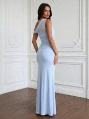 Light Blue One Shoulder Mermaid Maxi Dress for Women