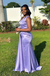 One Shoulder Lavender Sheath Long Bridesmaid Dress