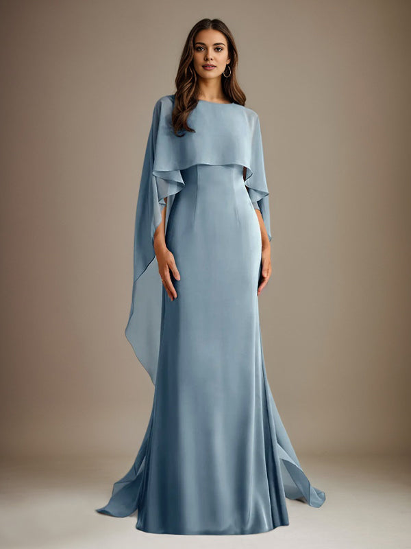 Robe de mère de la mariée en mousseline, coupe fourreau/colonne, col bateau, longueur ras du sol, avec volants en cascade 